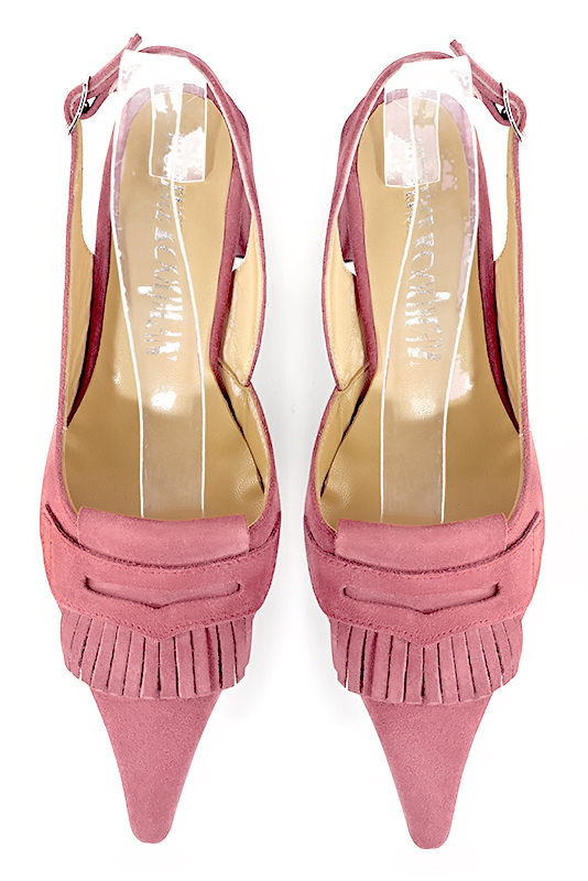 Carnation pink women's slingback shoes. Pointed toe. Medium block heels. Top view - Florence KOOIJMAN